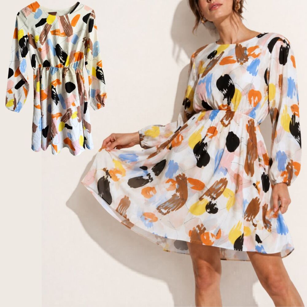 Abstract Brushstroke Babydoll Dress Medium Long Sleeve Artsy Boho White Rainbow